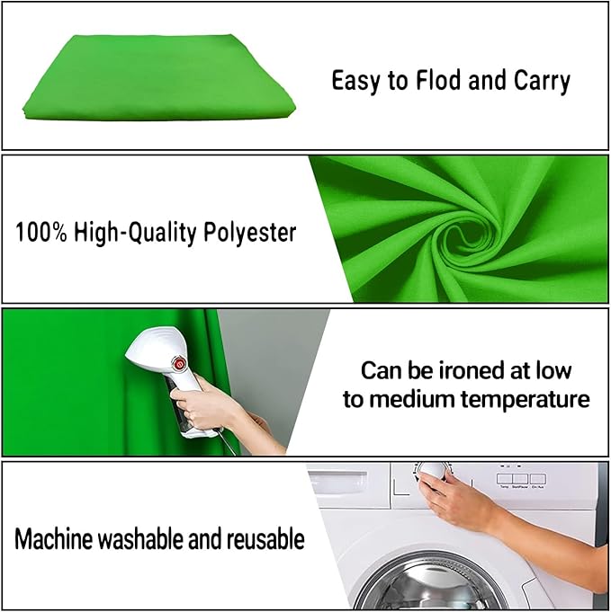 6x9FT Green Screen Backdrop Portable Solid Color Photography Background for Video, Studio, Photo, Live, Editing Green Backgrounds