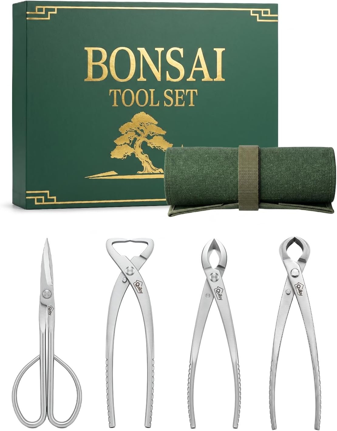 Bonsai Tool Kit 4PCS with Tool Roll Bag & Luxury Gift Box, Bonsai Tools Set