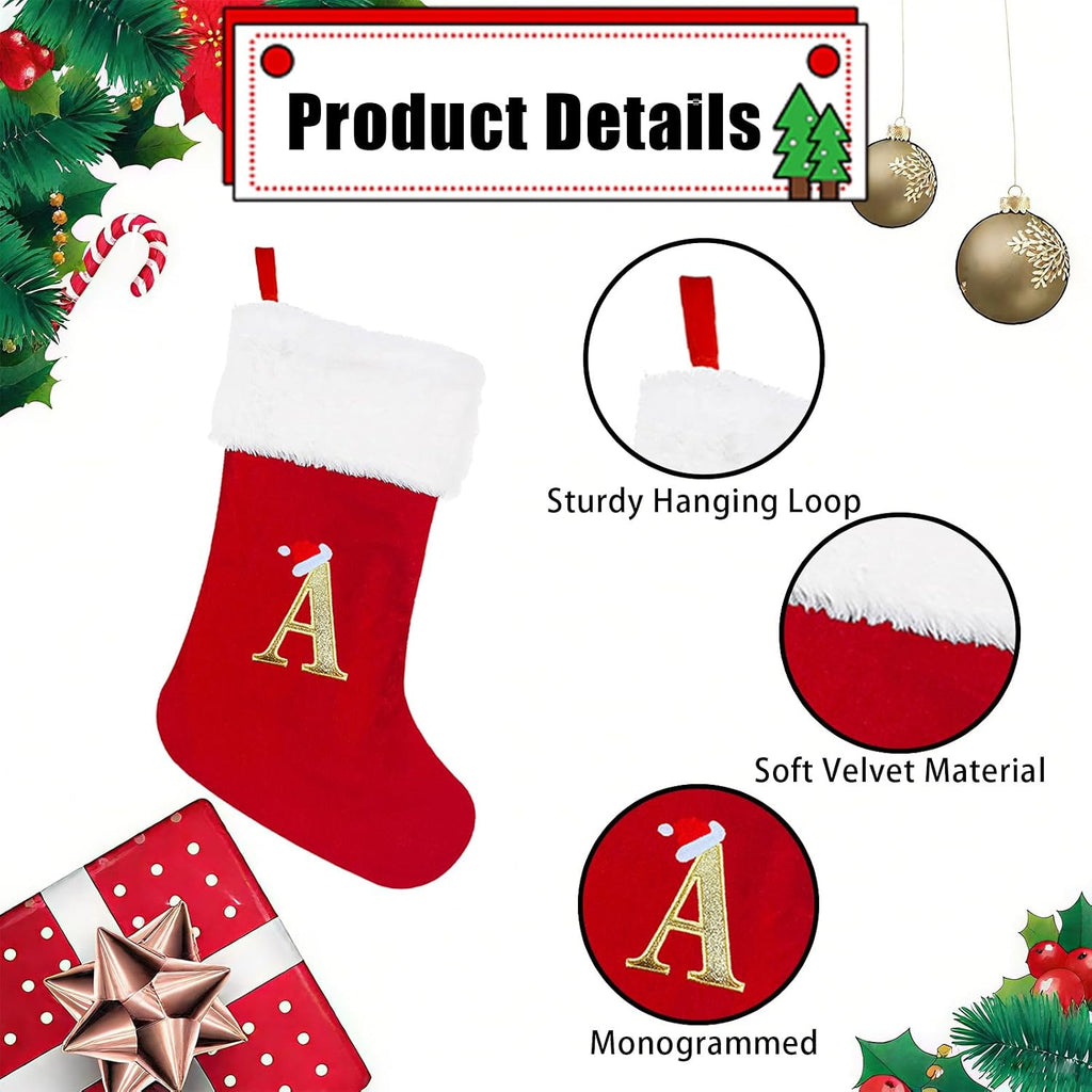 20" Monogrammed Christmas Stocking with Letter A | Personalized Red Plush Cuff Initial Stocking - Holiday Xmas Gift for Family Decor (Red, Letter A)