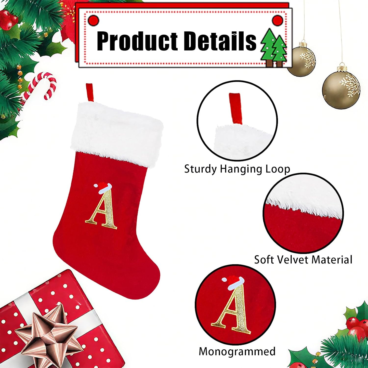 20" Monogrammed Christmas Stocking with Letter A | Personalized Red Plush Cuff Initial Stocking - Holiday Xmas Gift for Family Decor (Red, Letter A)