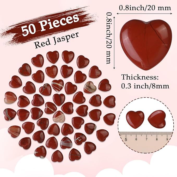 Gerrii 50 Pcs Heart Healing Stone Bulk Quartz Heart Inspirational Stones Gift for Women Love Pocket Polished Natural Energy Balancing Meditation 0.8 Inch(Red)