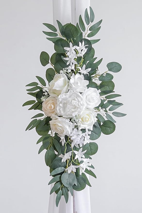 White Artificial Wedding Arch Flowers Kit (Pack of 3) with 26Ft White Shiny Arch Draping Fabric for DIY Wedding Party Ceremony Reception Backdrop Floral Decoration
