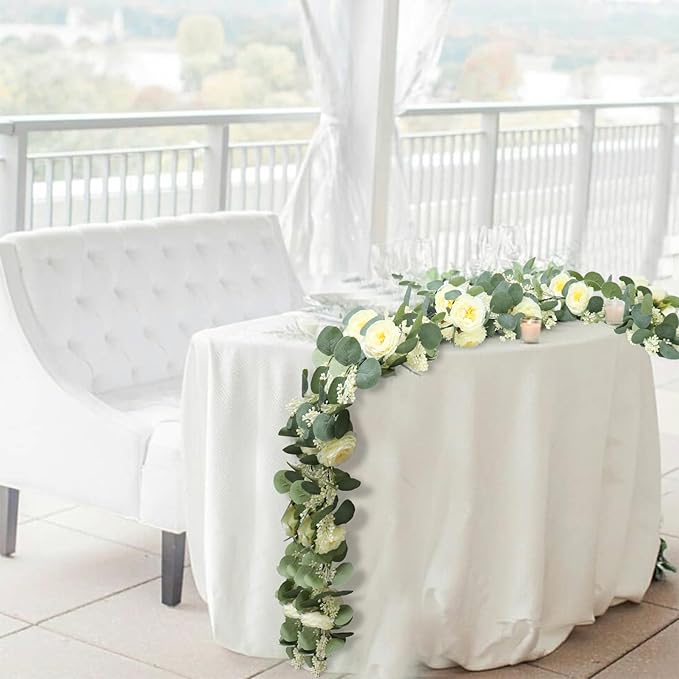 MAKHOT 2PCS Eucalyptus Garland, 6.6Ft Artificial Greenery Garlands Flower Decor, Green Spring Garland Wreath Vines Decorations for Table Home Wedding Mantle Party (Champagne)