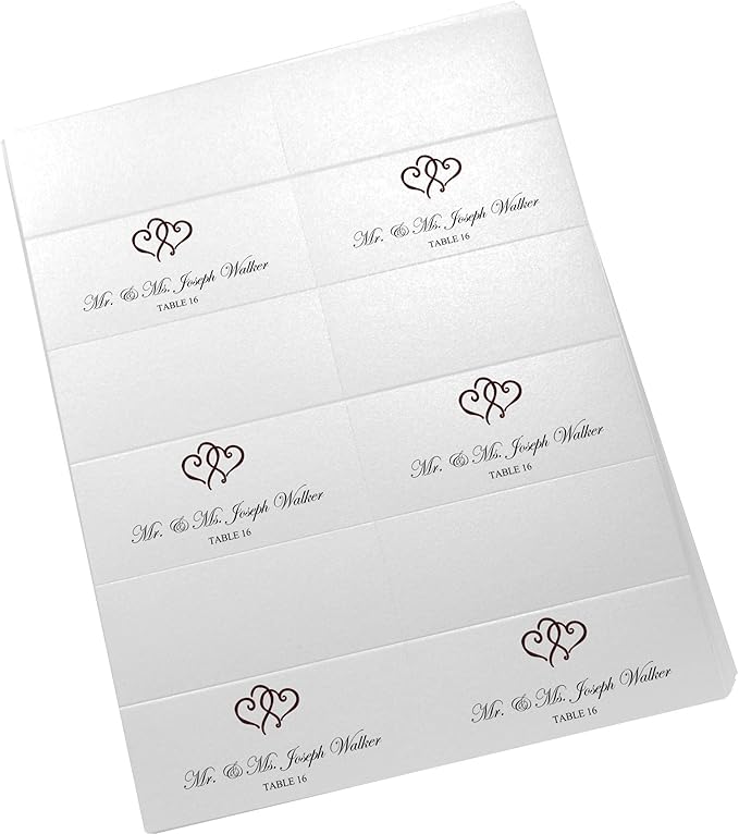 Linked Hearts Printable Place Cards, Chocolate (Choose Color), Set of 60 (10 Sheets), Laser & Inkjet Printers - Wedding, Party, Dinner, and Special Events - Made in the USA