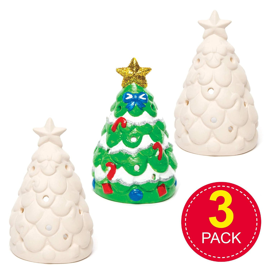 Baker Ross AC3262 Christmas Tree Ceramic Tealight Holders - Pack Of 3, Ideal For Kids' Arts And Crafts, Gifts, Keepsakes, Assorted