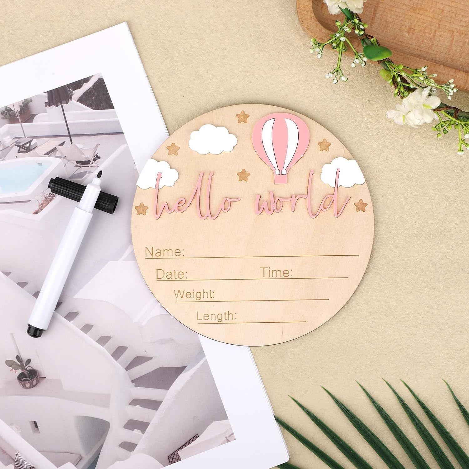 Wooden Baby Announcement Sign, Hello World Birth Boys and Girls Newborn Sign Welcome Baby Name Plaque for Photo Prop Home Hospital Nursery Newborn Gift (Pink)