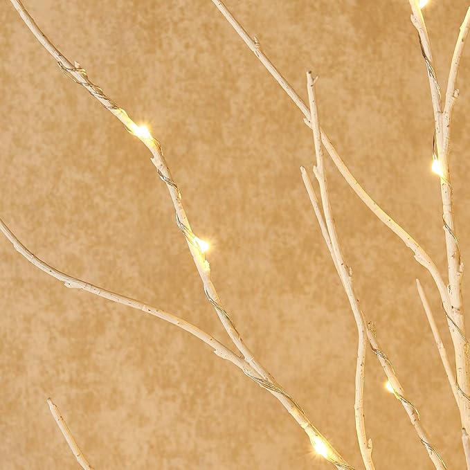 BAOLITVINE Lighted White Twig Branches 32IN 200 Warm White Fairy Lights, Lighted Willow Branches Plug in with Timer, Dimmer for Home Bedroom Fireplace Christmas Decoration Inside Outdoor