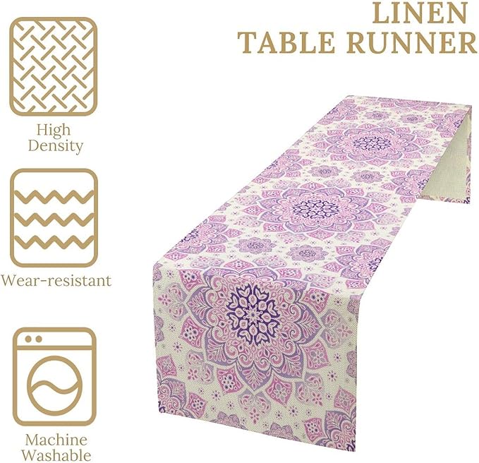 Purple Pink Mandala Table Runner, Traditional Indian Boho Mandala Flowers Print Table Runne for Kitchen Dining Table Office Wedding Party Holiday Home Decor, 13x108inch
