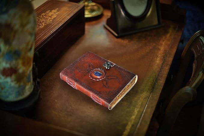 cuero 3 Moon Blue Lapiz Embossed Vintage Leather Journal for Men & Women - 128 Pages, Antique Handmade Deckle Edge Vintage Paper, Leather Journal Writing Notebook Dairy Gift (5 inch by 7 inch, Brown)