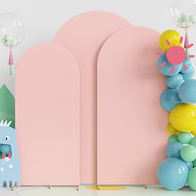 Fomcet Wedding Arch Cover 7.2FT, 6.6FT, 6FT Pale Pink Spandex Fitted Fabric Backdrop Set of 3 Round Top Chiara Arch Backdrop Stands Covers for Wedding Ceremony Birthday Party Baby Shower Decor