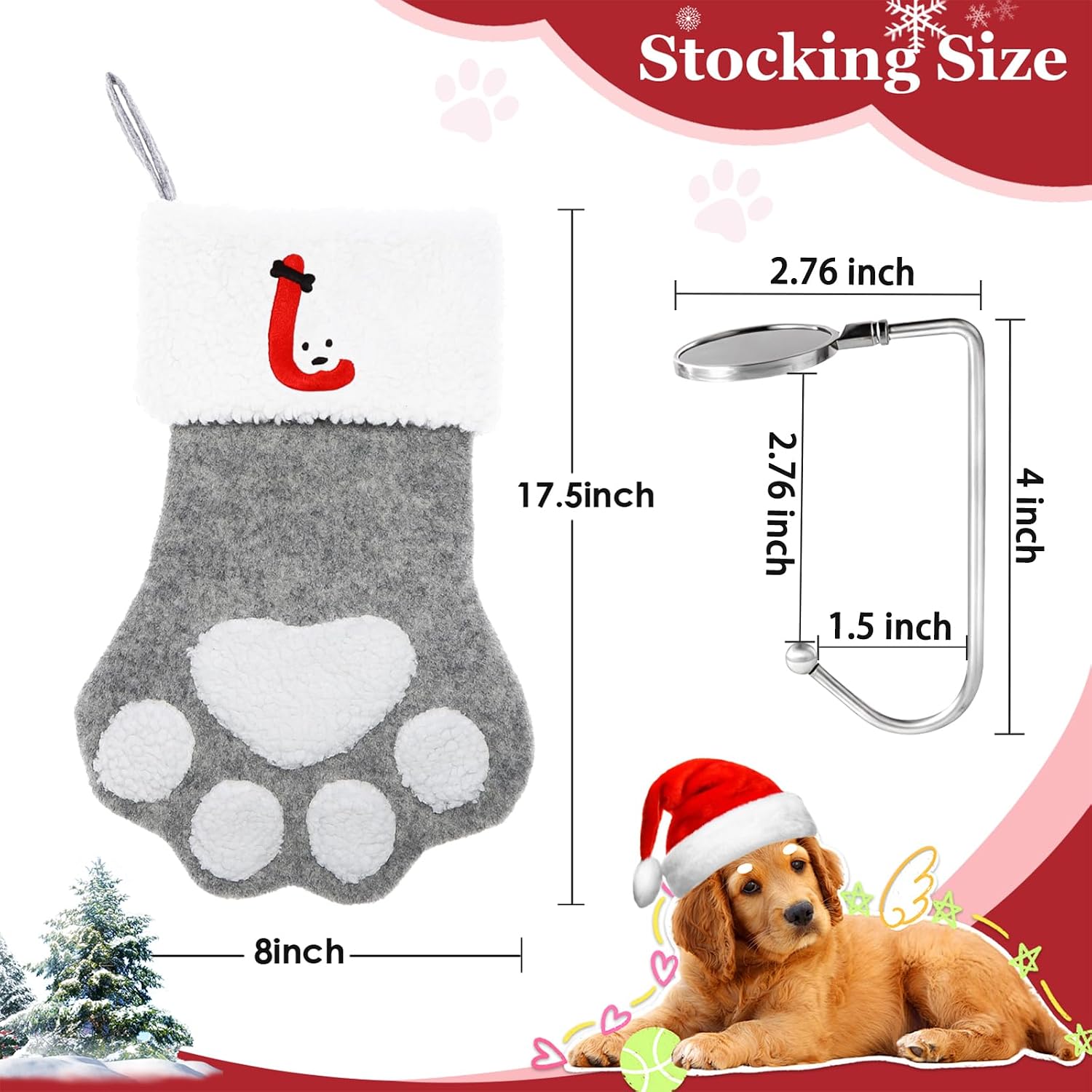 Pet Christmas Stockings with Initials, Personalized Dog Cat Paw Xmas Stockings with Letters, 17.5 in Embroidered Monogram Christmas Stockings for Pets, Red Letter B