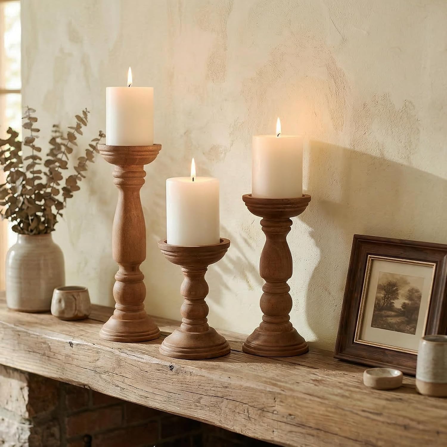 BANOMII Farmhouse Wooden Candle Holders for Pillar Candles Set of 3, Rustic Wood Candle Holder Table Centerpiece Decor, 12'' 9'' 6'' Vintage Tall Candle Stand Decorative, Brown