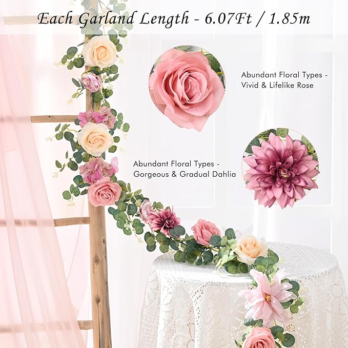 Waipfaru Flower Garland Decorations, 6.07Ft Pink Floral Rose Garland, Artificial Eucalyptus Greenery Vines with Flowers for Wedding Table Runner Centerpieces Backdrop Room Decor (Pink)