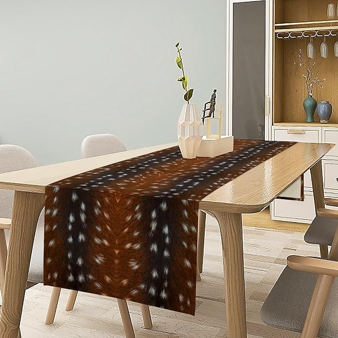 Deer Skin Table Runner Brown Fur Runner Black White Elk Deer Print Fur Western Print Cotton Linen Cottage Dinner Table Runners for Dining Room Kitchen Table Setting, 13x120 Inch