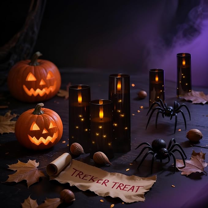 Raycare Flameless Candle with Remote Timer – 9 Flickering Acrylic Battery Operated LED Pillar Candles with Embedded Star String for Halloween, Home Decor, and as a Gift (Black)