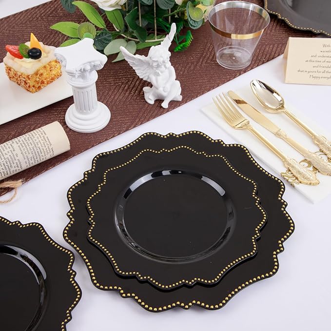 COLOSUS 175PCS Black Dinnerware set with Disposable Silverware for 25guests, Include 50 Dinner Plates 10.25”, 50 Dessert Plates 8.5”, 50 Cups 9 OZ, 50 Napkins,50 Plastic Silverware for Halloween Party