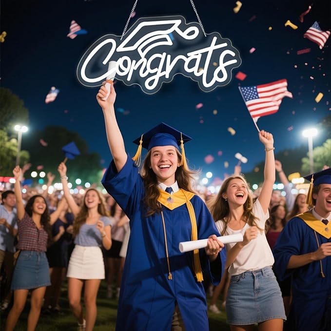 Congrats Grad Neon Sign for Backdrop wall decor，Dimmable USB Powered Light Up Letters for Dorm Walls，White Grad Gifts Sign for Graduation ClassRoom Party bedroom size:16.14 * 7.6 inch
