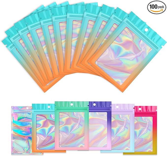 Funfery 100 Pack Gradient Holographic Bags,Resealable Mylar Bags with Zipper,Clear Window Packaging Pouch,Foil Smell Proof Bags for Food Storage,Sample Jewelry Baggies(3×4.7in,Blue Orange)