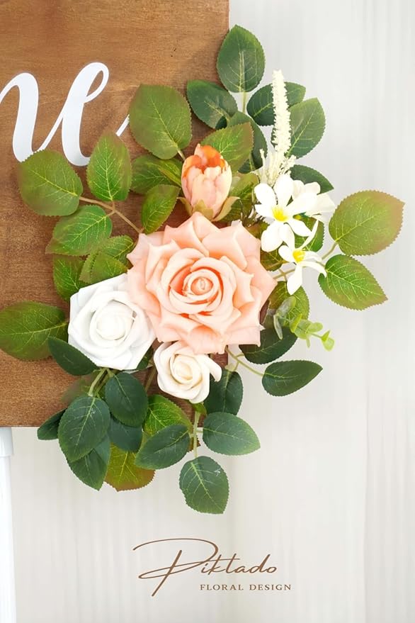 Wedding decor (pack of 2) Welcome Sign Flower Backdrop Garland For Ceremony Reception Wall Easel Home Decoration Entryway Faux Outdoor Board Head Table Decor (Flesh Pink & White)