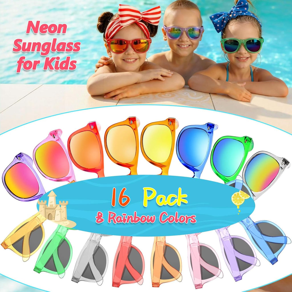 Party Favors Kids Sunglasses Bulk - 16 Packs Neon Sunglasses for Kid Age 3-8, UV400 Protection Party Sunglasses Goodie Bags Stuffers for kids Birthday Party Supply, End of the Year Gifts For Students