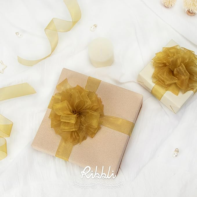 Ribbli Pale Gold Organza Ribbon,1/2 Inches x Continuous 50 Yard, Gold Sheer Ribbon for Gift Wrapping,Cookie Wrapping,Wedding Decoration,All Crafting and Sewing