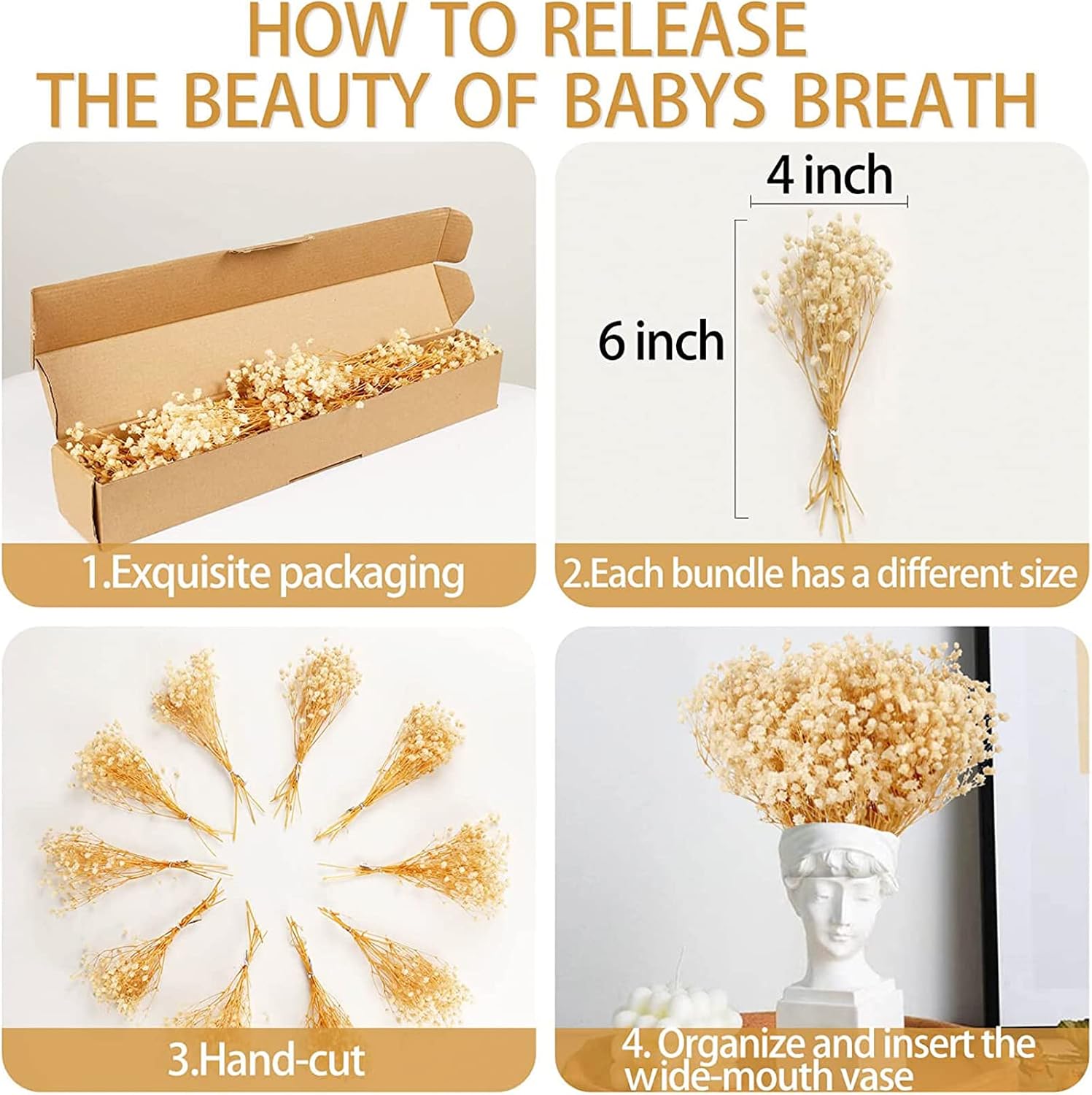 3000+ Mini Dried Baby's Breath Flowers, 6'' Natural Ivory White Flowers for Resin Art Craft DIY, 65Pcs Pressed Gypsophila Bouquet Present for Valentine's Day, Wedding Wreath, Card Making, Home Decor