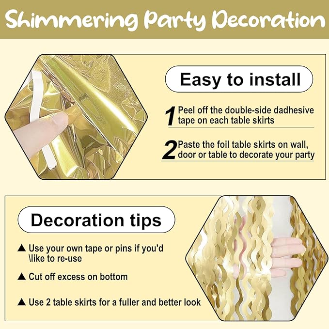 6 Pack 29 x108 Inch Light Gold Wave Foil Fringe Table Skirts Metallic Banner for Tinsel Streamer Garland Backdrop for Parade Floats, Mother's Day, Easter, Wedding, Birthday Party Decoration