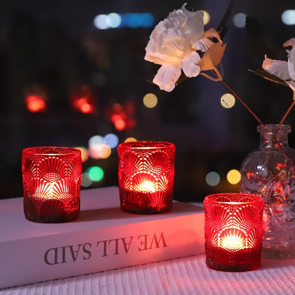 Woho Red Votive Candle Holders Set of 12 for Boho Wedding Table, Ginkgo Leaves Design Tealight Candle Holder Vintage for Christmas Decorations, Glass Tea Lights Candle Holder for Valentines Day Decor