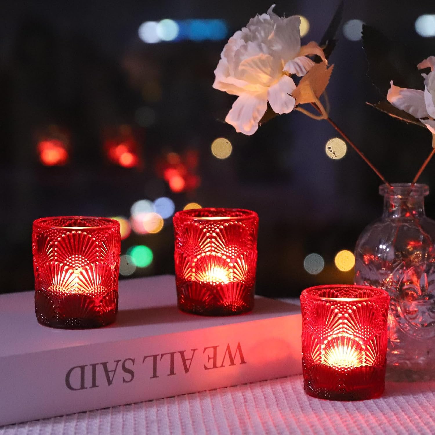 Woho Red Votive Candle Holders Set of 12 for Boho Wedding Table, Ginkgo Leaves Design Tealight Candle Holder Vintage for Christmas Decorations, Glass Tea Lights Candle Holder for Valentines Day Decor