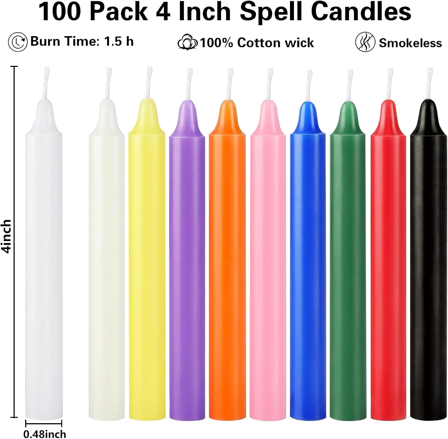 100 Pack 4 Inch Spell Candles, Colored Taper Candles for Rituals, Birthday, Decoration, 10 Vibrant Colors, Unscented Mini Bulk Candles for Chime, Wicca, Altar, Magic, Witchcraft Supplies