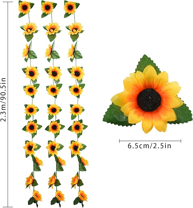 Uieke 3 Pack 7.5ft/Pcs Artificial Sunflower Garland Hanging Sunflower Vines with Green Leaves,Silk Flowers for Home Room Kitchen Garden Wedding Arch Bridal Baby Shower Party Outdoor Decor Medium
