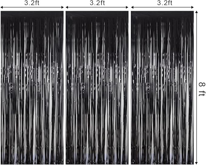 Foil Fringe Curtains Halloween Decor Party Decorations - Melsan 3 Pack 3.2 x 8.2 ft Tinsel Curtain Party Photo Backdrop for Birthday Party Baby Shower or Graduation Decorations (Pure Black)
