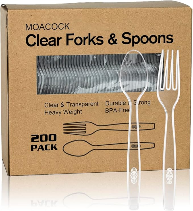 200 Count Plastic Silverware, Heavy Weight Plastic Forks Spoons Disposable Utensils Cutlery Set for Wedding Party Supplies Everyday Use