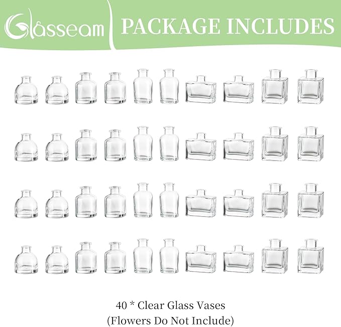 Glasseam Mini Bud Vases in Bulk 40: Clear Small Flower Vases for Centerpieces Cute Tiny Glass Vase for Flowers Modern Decorative Wedding Table Centerpiece for Dining Room Decor
