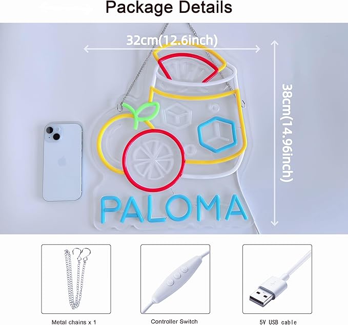 CNBEYOUNG Paloma Neon Sign, Neon Lights Hanging Wall Art Decoration for Mexican Restaurants Shop Cocktail Bar Kitchen Party Home Decor, USB - Driven, Super Bright & Adjustable,15x 12.6inches