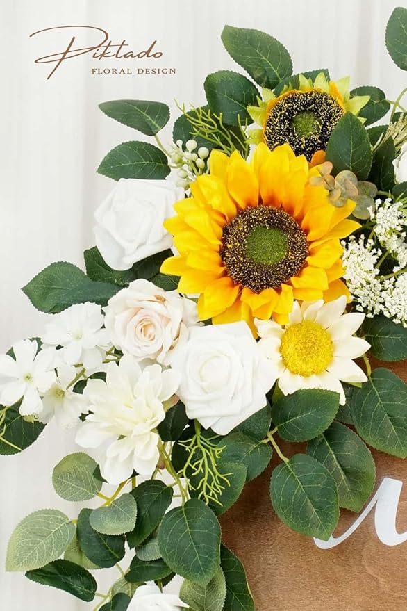 Wedding Decor (Pack of 2) Welcome Sign Flower Backdrop Garland for Ceremony Reception Wall Easel Home Decoration Entryway Faux Outdoor Board Head Table Decor (Sunflower)