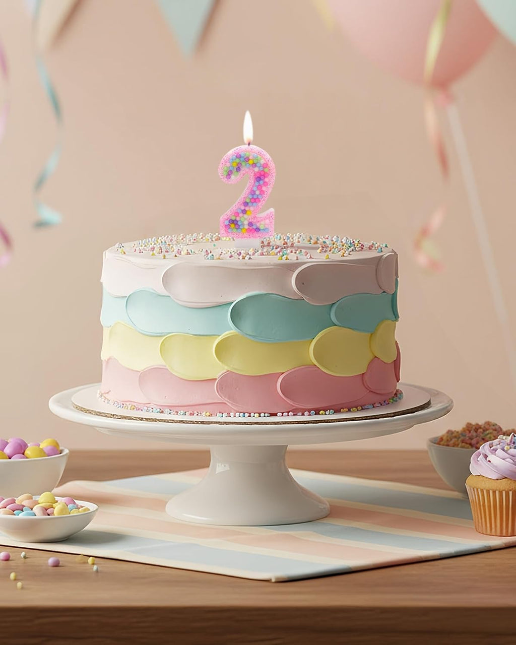Pink Birthday Candles Number 2 Candle - Colorful Macaron Design,2rd Birthday Decorations for Girl,Two Sweet Theme Birthday Party Supplies