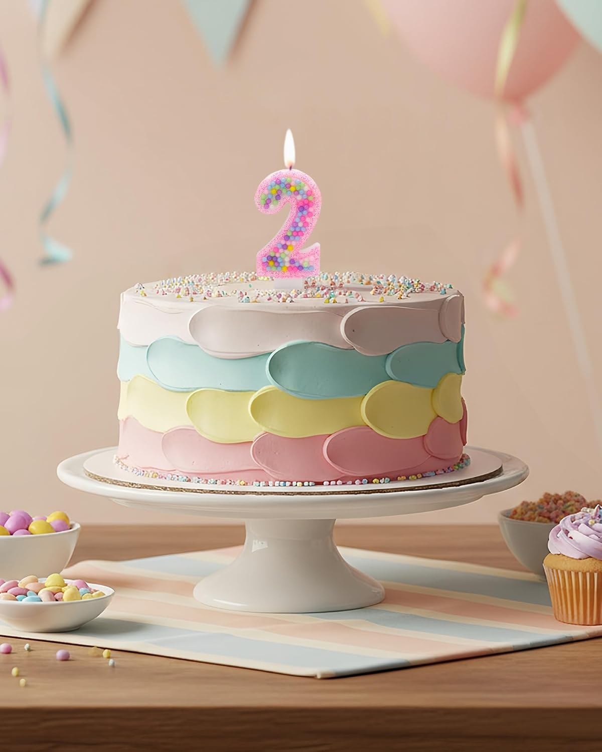 Pink Birthday Candles Number 2 Candle - Colorful Macaron Design,2rd Birthday Decorations for Girl,Two Sweet Theme Birthday Party Supplies
