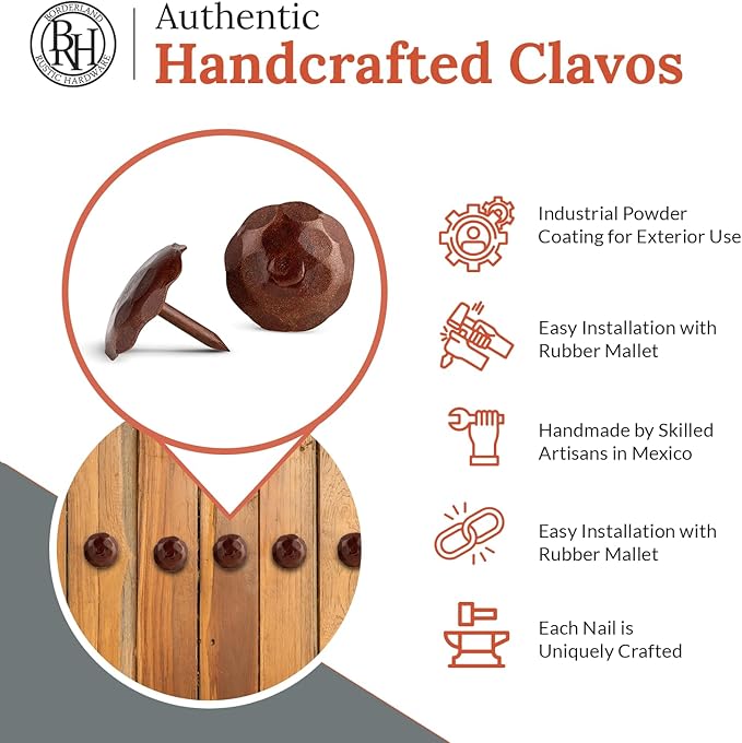 10 Pack 1" Small Round Head Iron Clavos Decorative Nails – Sealed Rusted – Handmade Rustic Round Fasteners for Farmhouse Shutter, Faux Wood, Barn Door, Shutters, and Gates – Ornamental Wood Accent
