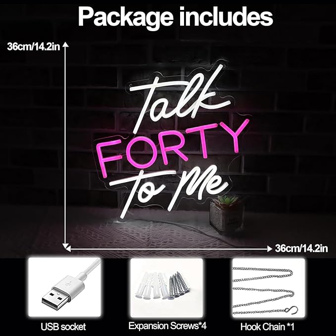Talk Forty To Me Neon Sign Led 40th Birthday Neon Light Dimmable 40th Madam Birthday Gift For Women Neon Sign For Wedding Christmas Halloween Decor Birthday Gift For Girl Wife Lover(USB Sign)