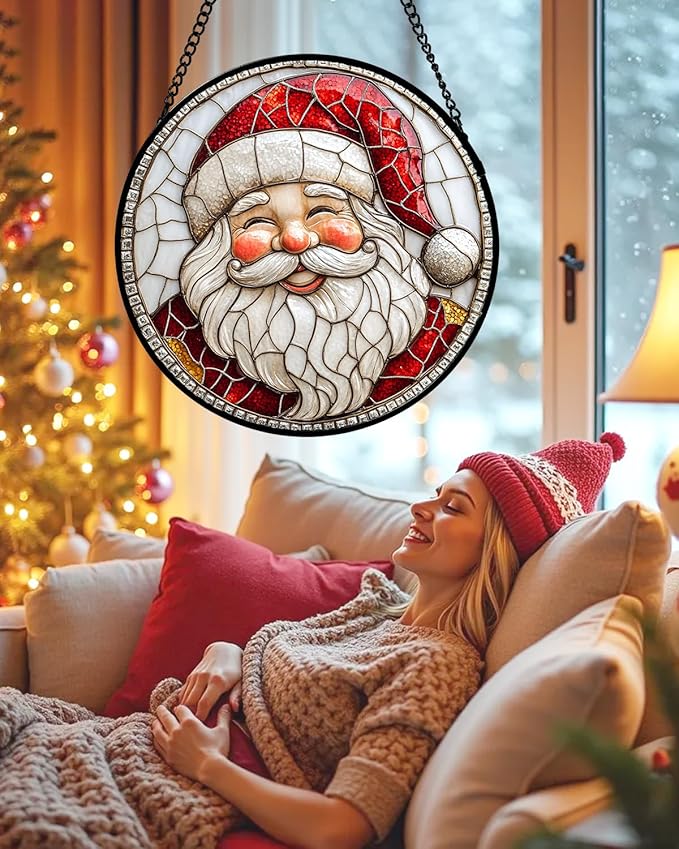Stained Glass Window Hanging - Red White Santa Claus Suncatcher for Doors Home Christmas Decoration Winter Sun Catcher Thanksgiving New Year Birthday Gifts for Women Men Mom Nana Girl 11.8 in