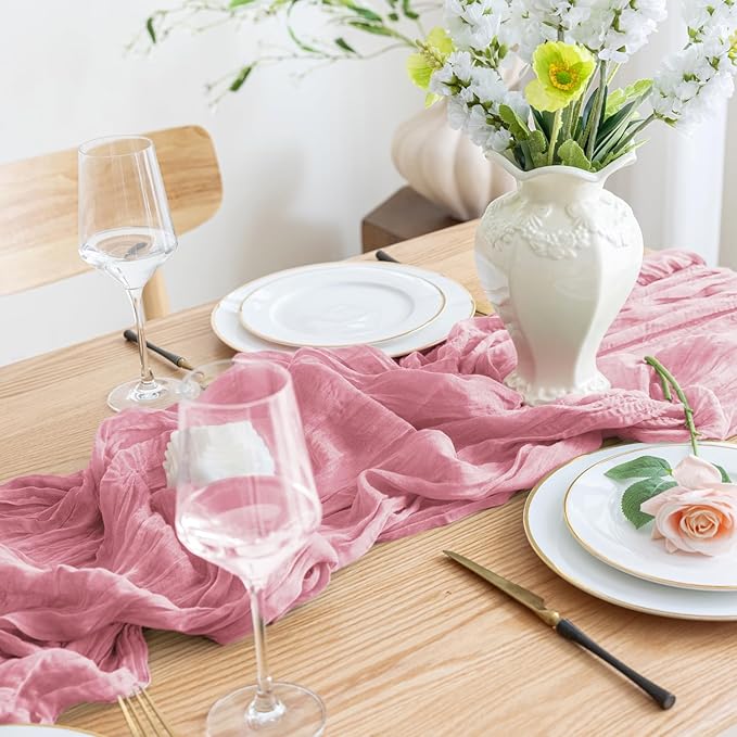 Asee'm Cheesecloth Table Runner 120 Inches Pink Boho Gauze Cheese Cloth Runner 10FT Rustic Sheer Dining Fall Table Runners for Thanksgiving Wedding Baby Shower Centerpiece Decoration