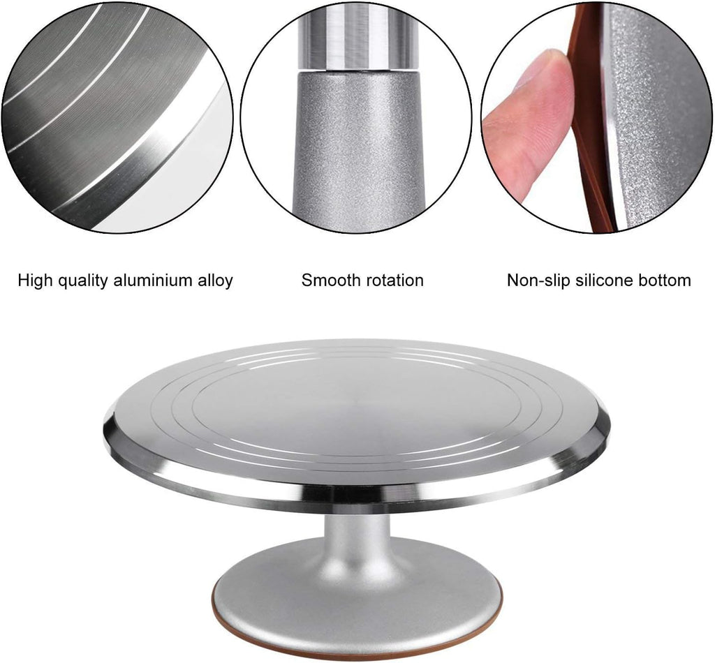 Cake Decorating Supplies Aluminium Alloy Revolving Cake Turntable with 12.7'' Angled Icing Spatul Cake Leveler Comb Icing Smoother Banking Supplies Cake Stand Baking Supplies (ZC011)