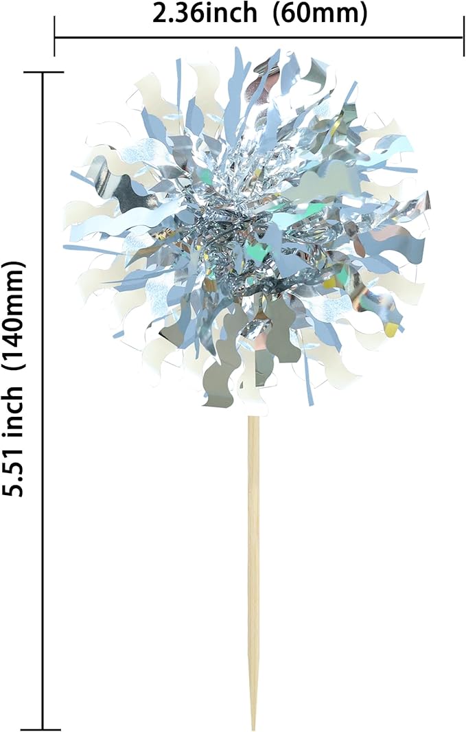 Ephlyn 30Pcs Foil Firework Cupcake Toppers Happy Birthday Cake Toppers Tinsel Flower Drink Stirrers Cocktail Food Fruit Toothpicks for Valentine's Day Party Decorations Silver