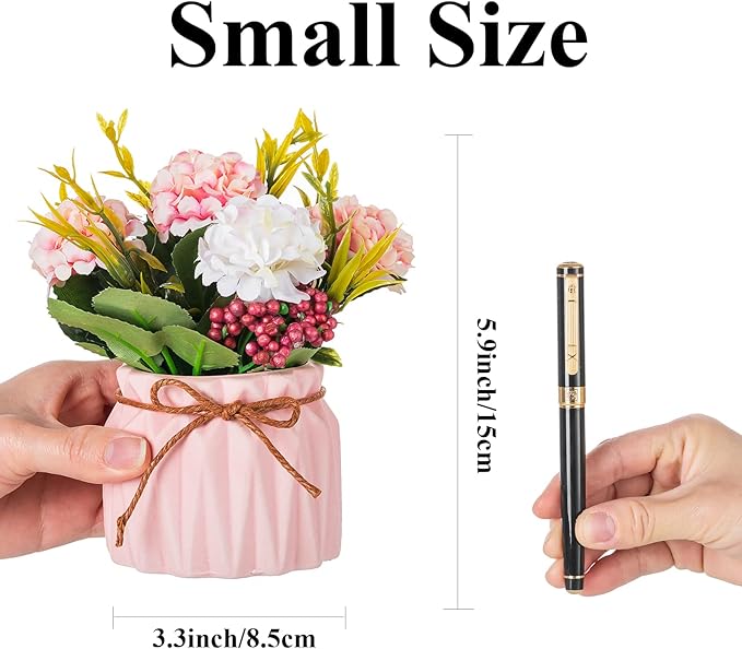 BLOSMON Fake Flowers in Vase for Centerpieces: 4 PCS 5.9 Inch Small Artificial Hydrangea with Vase Table Decor - Faux Floral Arrangements Desk Home Party Bathroom Office Decorations