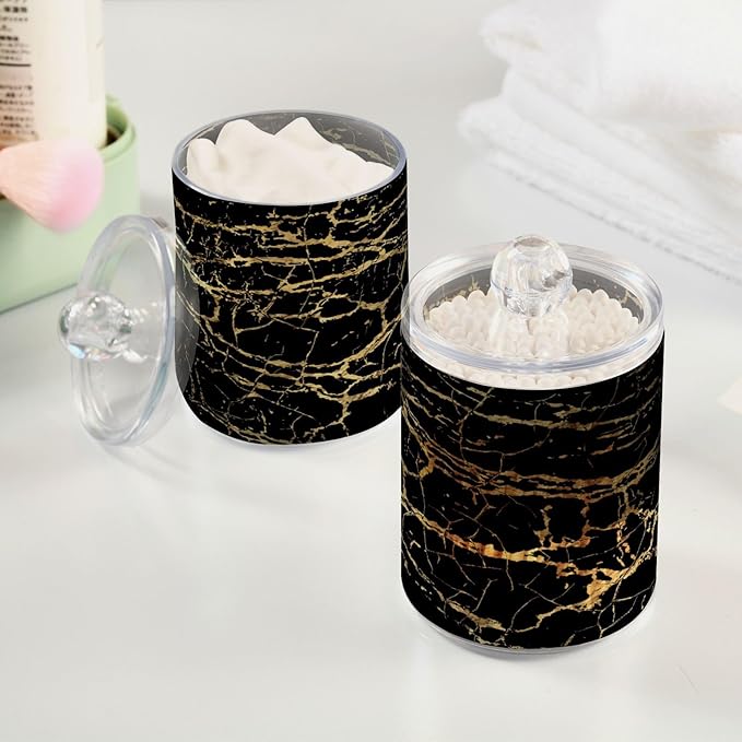 Qtip Holder Dispenser 2 Pack Gold Black Marbling Bathroom Decorative Storage Canister Holder Counter Vanity Organizer for Cotton Ball Swabs Pads Floss