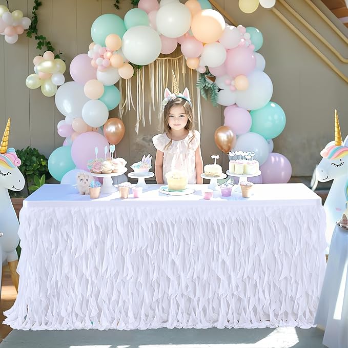Partisky White Tulle Curly Willow Table Skirt for Rectangle Table 17ft, Ruffle Tutu Table Cloth for Wedding,Bridal Shower, Baby Shower,Birthday Party