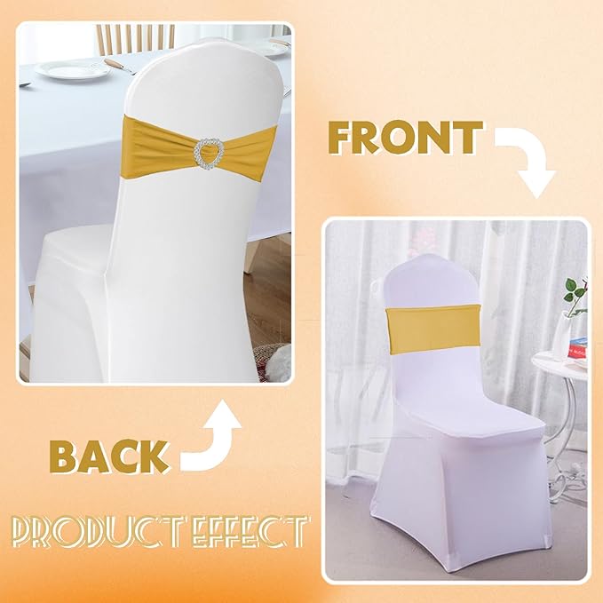 100PCS Spandex Stretch Gold Chair Sashes Bows Universal Elastic Chair Cover Bands Ties with Buckle Slider for Wedding Party Birthday Reception Event Banquet Decoration(Gold)