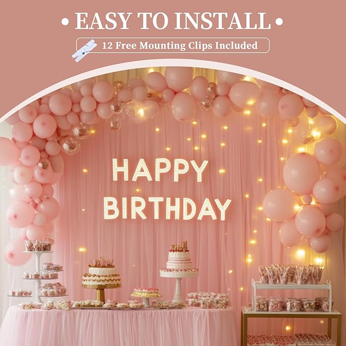10x10ft Pink Tulle Backdrop Curtain with String Lights, Wrinkle-Free Sheer Wedding Backdrop for Birthday Parties, Baby Showers, Bridal Showers, Photo Shoots and Home Decorations, Pink