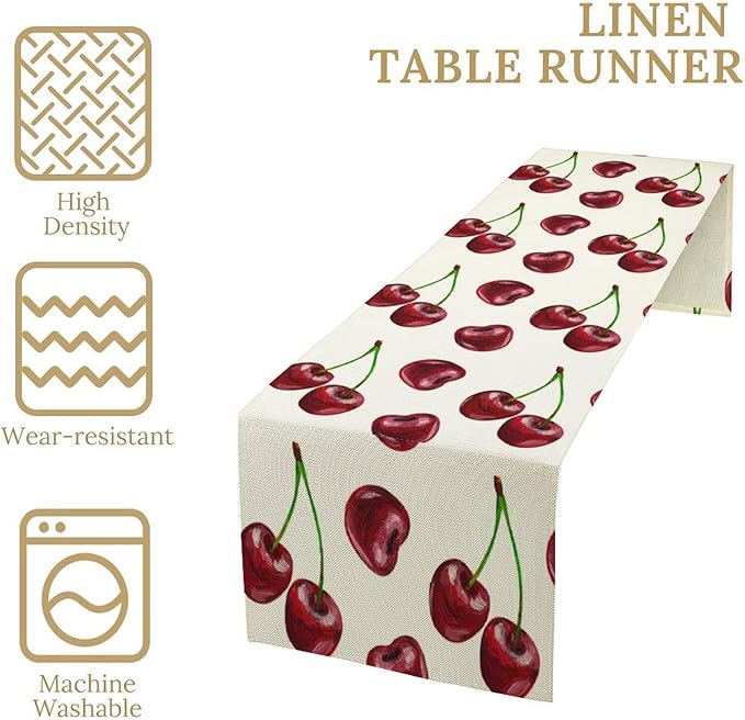 Red Cherry Table Runner Watercolor Spring Summer Wild Berry Tropical Fruit Theme Dinner Runner for Girl Baby Shower Party Holiday Home Kitchen Dining Table Decor 13x120